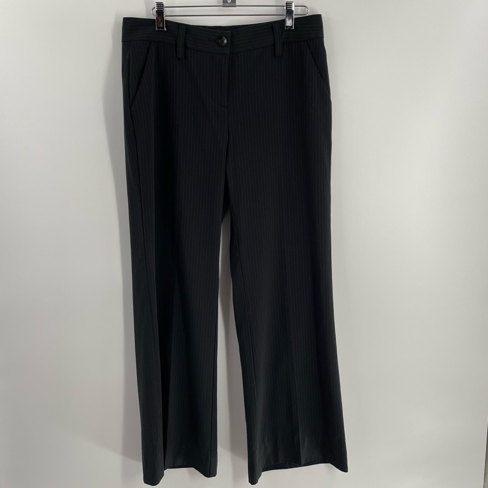 Cabi Charcoal Grey Dark Gold Pinstriped Wide Leg Pockets Classic Trousers Pants